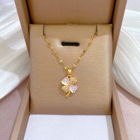 Stainless Steel Pink Zircon Flower Pendant Necklace for Women New Luxury Girls Lucky Necklace Birthday Jewelry Gift-580